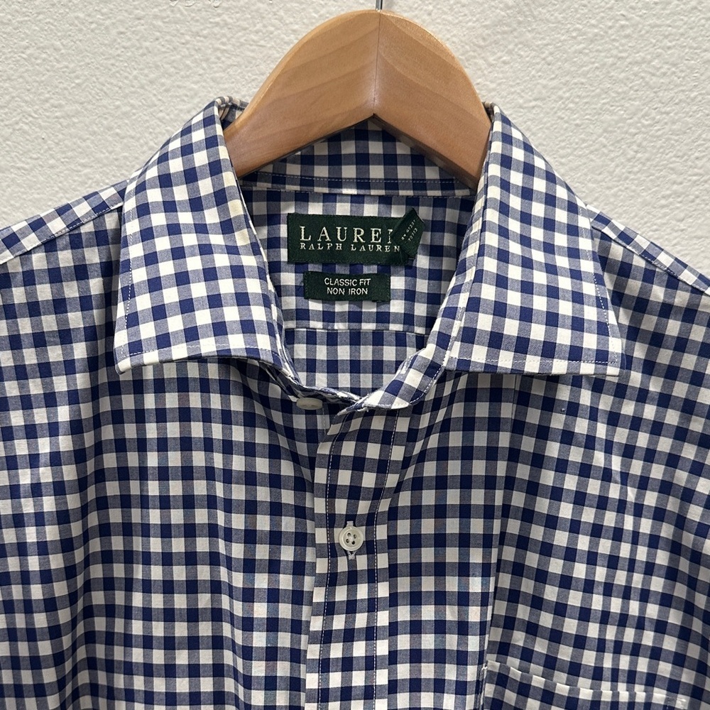 Lauren Ralph Lauren Navy White Gingham Button-Down Dress Shirt no iron classic